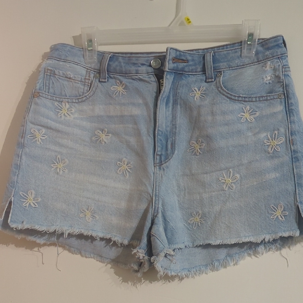 Light Blue Denim Shorts with Floral Embroidery
